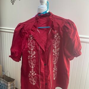 SHEIN Red Blouse with White Embroidery